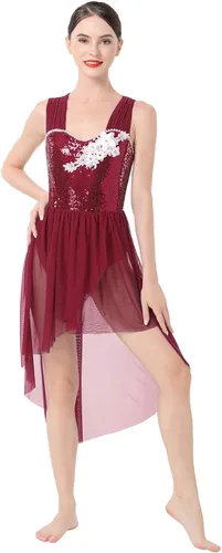 ODASDO Vestido de baile lírico para mujeres adultas, moderno, contemporáneo, con lentejuelas, tul de malla, falda alta y baja, ropa de baile de