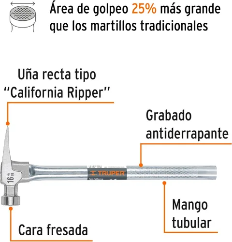 Miniatura 2 de Truper 10643 / MORCA-16T - 16 oz, tubular, martillo rascador California