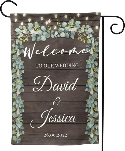 Miniatura 2 de Bandera de boda, 12 x 18 pulgadas, de doble cara, personalizada, elegante, con hojas de acuarela, bandera de boda con nombre y fecha, señal