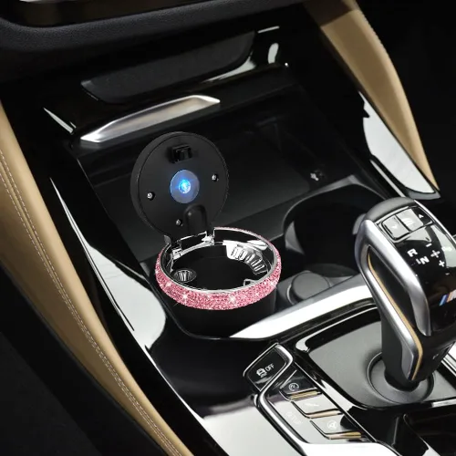 Miniatura 9 de SAVORI Cenicero de automóvil para mujeres y hombres, portavasos, portátil, sin humo, con indicador de luz LED azul, accesorios para automóvil (rosa)