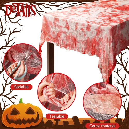 Miniatura 3 de 3 manteles rectangulares de gasa sangrienta de Halloween, 85 x 60 pulgadas, mantel rectangular con estampado de manos sangrientas, mantel de mesa