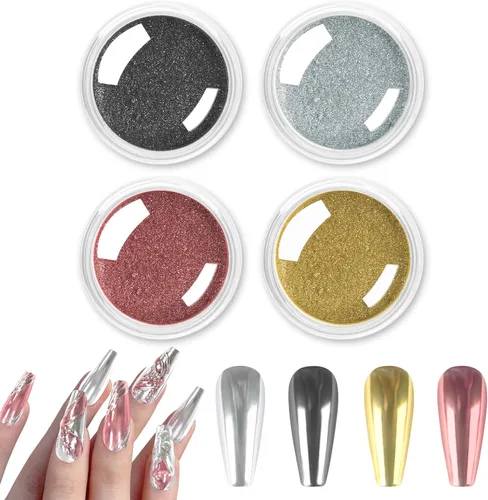 Allstarry Polvo de Uñas Cromado Dorado y Plateado, 4 Colores Efecto Metálico Polvo Cromado Espejo Pigmento Manicura Holográfica Pigmento Dorado