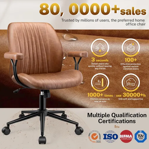 Miniatura 3 de HeroSet Silla de oficina de cuero con reposabrazos extraíbles, silla de escritorio ergonómica de respaldo medio con soporte lumbar, silla ejecutiva