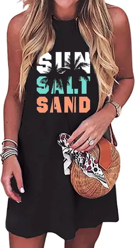 Minivestido de verano sin mangas con diseño de árbol de coco y arena para mujer, vestido de verano sin mangas, vestido de playa Praty