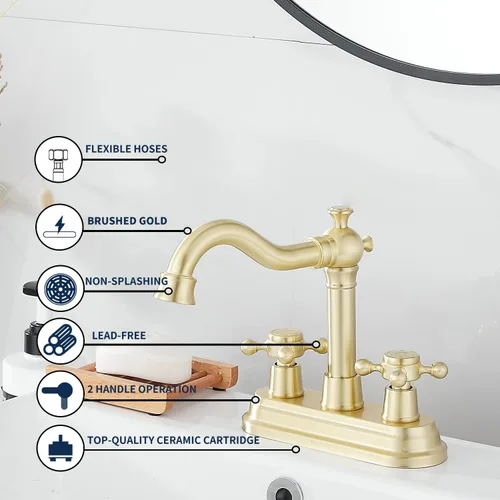 Miniatura 6 de Llave de baño GGStudy de oro cepillado, de 2 asas, de 4 pulgadas, llave central para baño con montaje de drenaje y manguera de suministro, llave