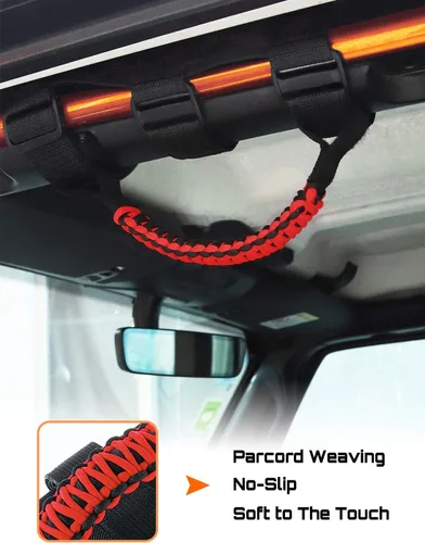 Miniatura 2 de Savadicar 2 asas de agarre de barra enrollable para Jeep Wrangler YJ TJ JK JKU JL JLU & Gladiator JT 1987-2023, accesorios interiores, negro y rojo