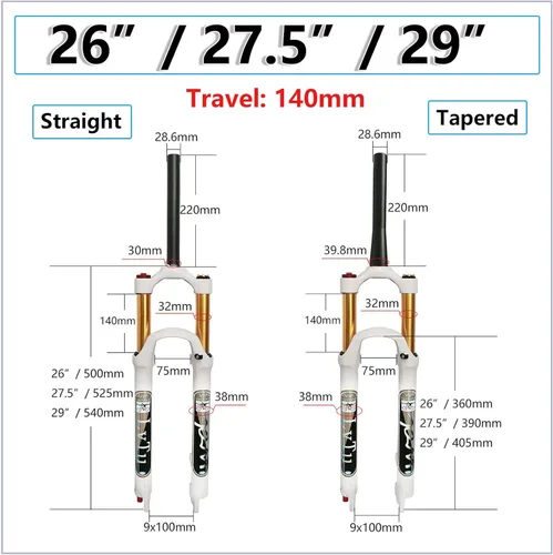 Miniatura 2 de Horquilla delantera 26 27.5 29 pulgadas de recorrido, 5.512 in, horquillas de suspensión para bicicleta de montaña Air con adaptador de freno