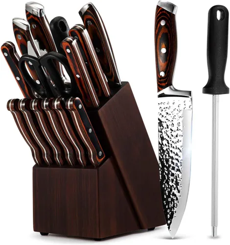 Juego de cuchillos de cocina con bloque, juego de 15 piezas de bloque de cuchillos de acero inoxidable de alto carbono con afilador, cuchillos de
