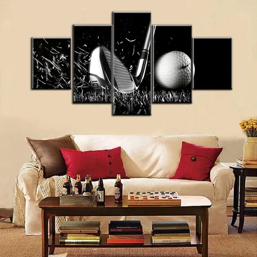 Miniatura 2 de Piezas de golf para decoración de pared, pinturas en blanco y negro, arte de pared para sala de estar, golf, deportes, obras de arte de 5 piezas