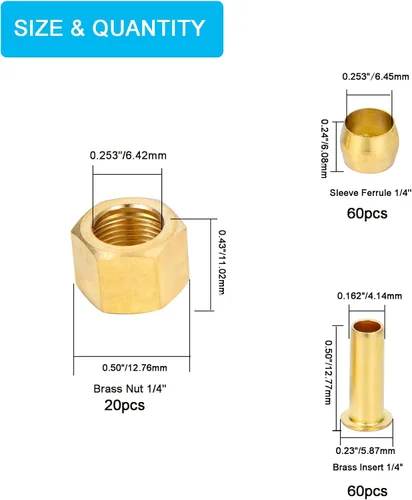 Miniatura 2 de Kit surtido de accesorios de compresión de 1/4 de pulgada, 60 manguitos de compresión de latón, 60 insertos de latón y 20 tuercas, se utiliza