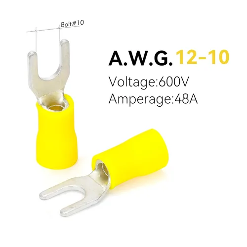 Miniatura 5 de HKS 120 piezas de conectores de alambre de horquilla de pala aislados - Amarillo calibre 12-10 AWG tamaño perno M5 #10 - Cobre rojo estañado