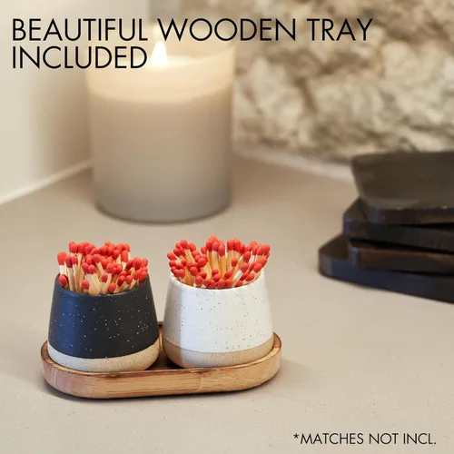Miniatura 2 de Soporte Decorativo de Fósforos de Cerámica con Bandeja de Madera - Juego de 2 Hermosos Soportes Mates con Encendido Son una Mejora para Cualquier
