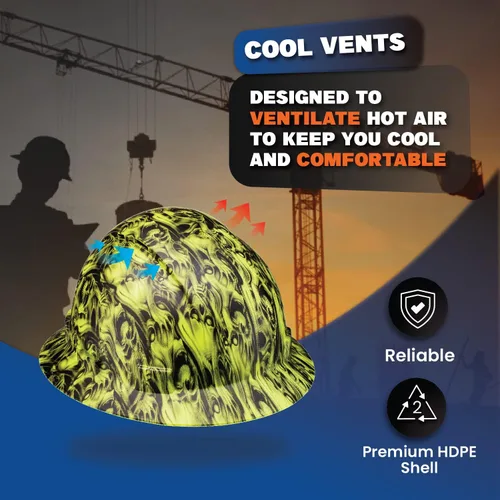 Miniatura 6 de Casco de construcción OSHA de ala completa con diseño de tatuaje/calavera, acabado mate, con suspensión de 6 puntos Three Wise Skulls Hi-Vis