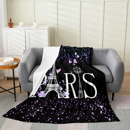 Miniatura 12 de Feelyou Manta de felpa de la Torre Eiffel con purpurina, color azul, morado, pastel, para todas las estaciones, manta de cama para niños, manta