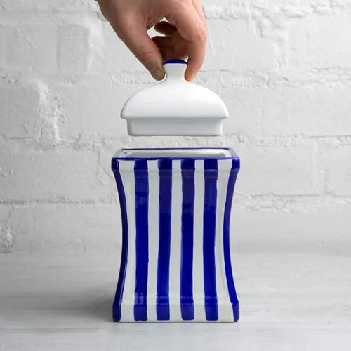 Miniatura 5 de City to Cottage Tarro grande de cerámica hecho a mano con tapa de 31.5 onzas / 30.4 fl oz con rayas azul marino oscuro Recipiente de cerámica
