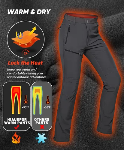Miniatura 4 de Hiauspor Women's Hiking Pants Waterproof Snow Ski Winter Pants Fleece Lined Outdoor Softshell Insulated Snowboarding Pants