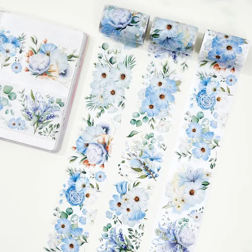 Miniatura 3 de WT Serene - Cinta ancha de PET, rollo individual, diseños originales, cinta decorativa de flores azules acuarela, cinta adhesiva transparente WT