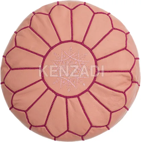 Kenzadi Funda para puf otomano de cuero genuino cosida a mano en Marrakech por artesanos marroquíes, reposapiés, sin relleno (rosa claro por rosa)