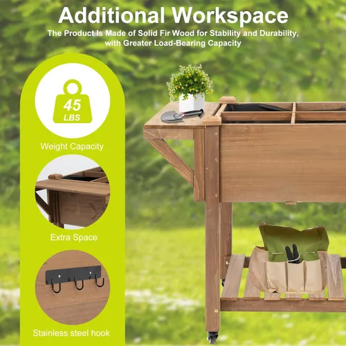Miniatura 5 de Gowoodhut Cama de jardín elevada, maceta de jardín de hierbas al aire libre con ruedas bloqueables, estante de almacenamiento, forro protector