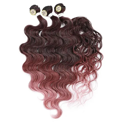Miniatura 5 de HANNE Paquetes de cabello castaño mezclado con extensiones de cabello ondulado con cierre Sintético 18 "20" 22" con cierre de encaje, resistente