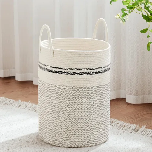 VIPOSCO Cesta de lavandería grande, cesta de almacenamiento de cuerda tejida alta para mantas, juguetes, ropa sucia en la sala de estar, baño, Rayas
