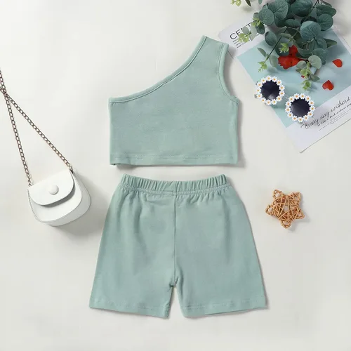 Miniatura 3 de Conjunto de 2 piezas de camiseta sin mangas de color sólido para niñas pequeñas, conjunto de 2 piezas, traje casual de verano