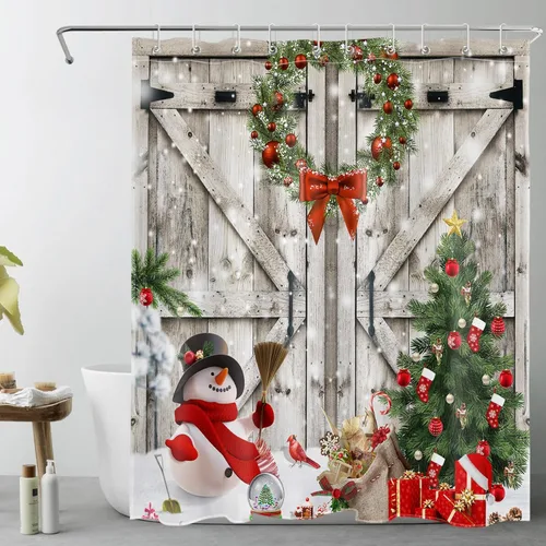 Christmas Shower Curtain, Christmas Tree with Red Xmas Balls and Cute Snowman on Barn Door Bathroom Curtain, Winter Holiday Bathroom Decor with 10