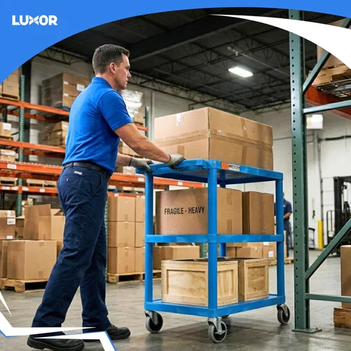 Miniatura 7 de Luxor HE34-BU Carrito utilitario – 3 estantes de plástico de espuma estructural, cuatro ruedas giratorias de 4", dos con freno de bloqueo, mango Azul