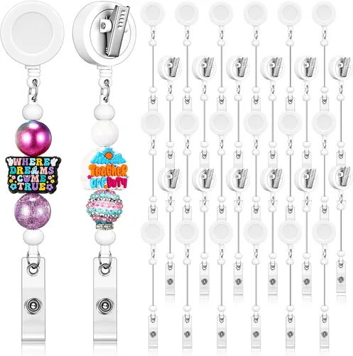 Miniatura 9 de Sayglossy 15 carretes retráctiles para tarjetas de identificación con clip de cocodrilo, barras en blanco con cuentas en blanco, regalo