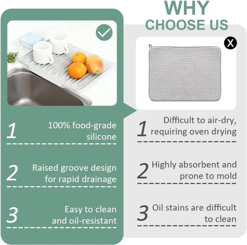 Miniatura 4 de Alfombrilla de secado de platos de silicona para encimera de cocina con bandeja de recolección de agua Almohadilla antideslizante (beige)