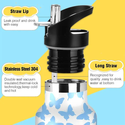 Miniatura 3 de BPA-Free Leak Proof Sports Water Bottle with Straw Lid Fashion Blue Butterfly White Vacuum Insulated for Travel and Sports botellas de acero