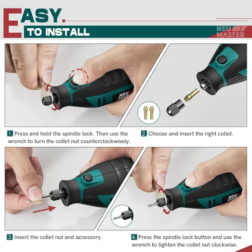 Miniatura 5 de NEU MASTER Kit de herramientas rotativas de 180 W con 160 accesorios, juego de herramientas rotativas con cable de 6 velocidades 10000-35000 RPM