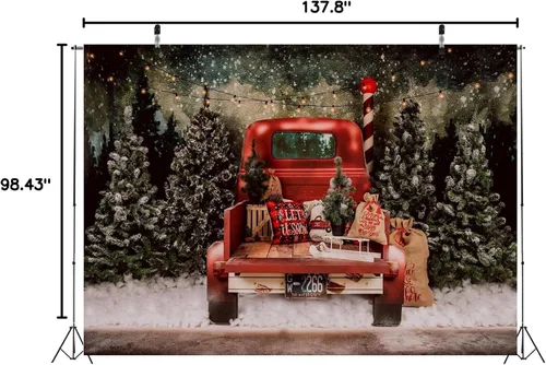 Miniatura 6 de BELECO Telón de fondo rojo de Navidad de 12 x 8 pies para fotografía, bosque nevado de invierno, regalos de automóvil, camión, Navidad, fondo