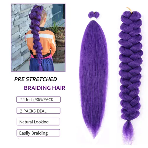 Miniatura 2 de Cabello trenzado morado de 24 pulgadas, extensiones de cabello sintético preestirado Rumi para fiesta de escenario, disfraz de Halloween, cosplay