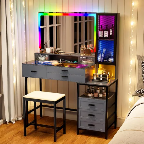 Lvifur RGB Escritorio de Tocador - con Espejo y Luces, Juego de Mesa de Tocador con 7 Luces Dinámicas y 24 Estáticas Atenuables con Estación de