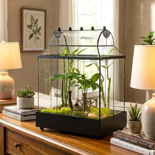 Miniatura 2 de H Potter Estuche grande de terrario Wardian de vidrio con vidrio curvo, maceta de mesa para interior con base de metal, exhibición decorativa