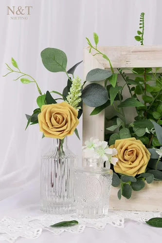 Miniatura 35 de N&T NIETING Flores artificiales, rosas artificiales de color rosa intenso, 50 piezas de flores falsas con tallo para ramos de boda DIY, centros