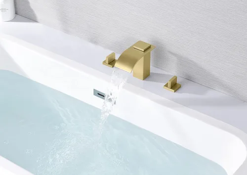 Miniatura 4 de SUMERAIN Grifo de bañera romana de dos manijas 3 agujero cascada grifo de bañera oro cepillado con válvula