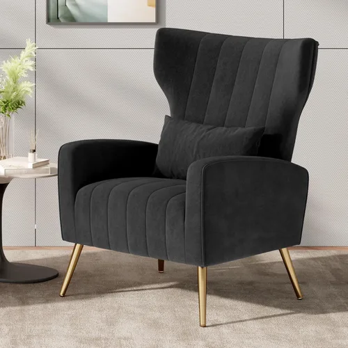 Miniatura 26 de Nalupatio Sillas decorativas de terciopelo, moderno sillón con respaldo alto con almohada lumbar, sillón tapizado de respaldo alto con patas de Beige