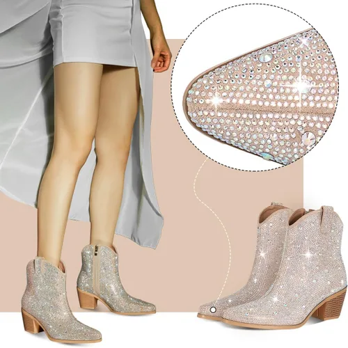 Miniatura 3 de FIFSY Botas vaqueras con diamantes de imitación para mujer, tacón grueso con purpurina