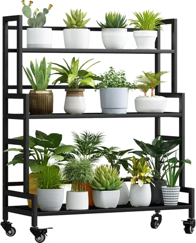 Soporte para plantas de interior, estante de metal de 3 niveles para exterior, con ruedas para múltiples plantas, soporte escalonado para macetas,