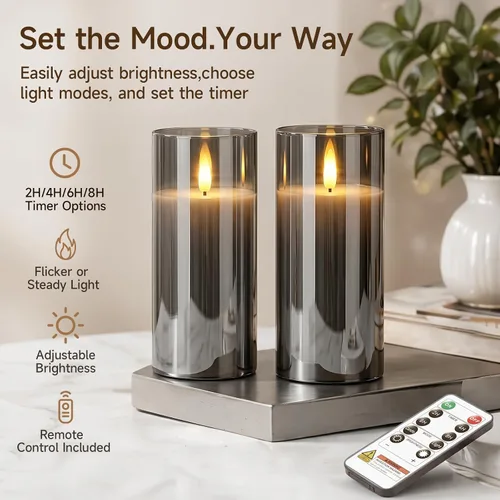 Miniatura 2 de Homemory Grey Glass Flameless Candles Battery Operated LED Pillar Candles with Remote and Timer, Real Wax Flickering Candles with 3D Wick for Home