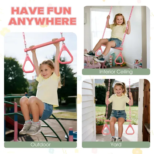 Miniatura 5 de LadyRosian Barra de Trapecio de 17" Juego de Columpios Anillos de Gimnasio Cadena Resistente de 47" Accesorios de Juego de Columpios con Mosquetones