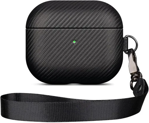 Miniatura 14 de LOPIE Funda compatible con AirPods 3 (lanzado en 2021), funda de cuero vegano estilo fibra de carbono con kit de clip y limpiador, funda protectora
