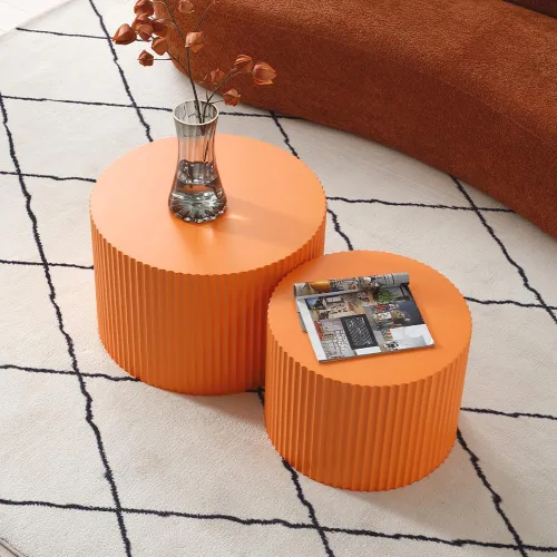 Miniatura 4 de WILLIAMSPACE Juego de 2 mesas auxiliares anidadas, mesas de café redondas de madera color naranja mate, mesas auxiliares modernas de lujo, mesa
