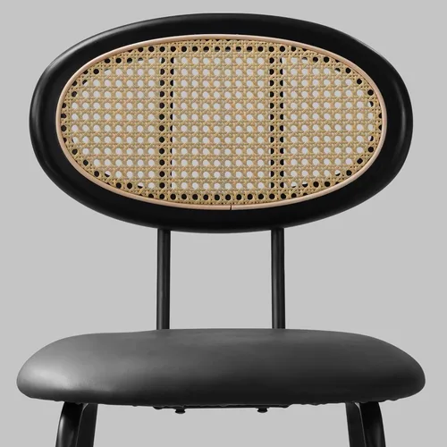Miniatura 3 de Juego de 2 sillas de comedor con respaldo de ratán moderno de mediados de siglo, sillas laterales de cocina tapizadas de cuero negro con patas