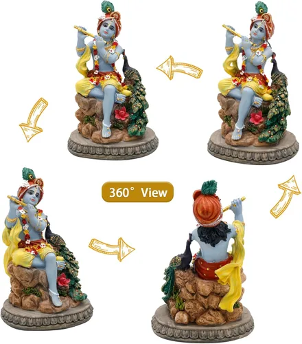 Miniatura 5 de alikiki Estatua hindú de Krishna de Dios Krishna – 5.5 pulgadas de alto indio Señor Krishna ídolo toca la flauta con artículo Murti pavo real Murti