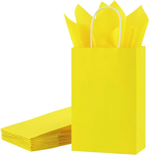 SUNCOLOR 24 paquetes de bolsas de regalo de papel amarillo con asas, 7.9x5.12x3.15 pulgadas, pequeñas bolsas de papel kraft, incluye papel de seda