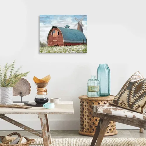 Miniatura 3 de Woxfcart Lienzo rústico de granero rojo para pared, obra de arte de granja con bandera estadounidense y molino de viento para decoración de pared