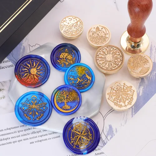 Miniatura 5 de SWANGSA Galaxy Universe - Juego de sellos de cera para sellos, 6 cabezales de sello de cera de sellado vintage y 1 mango de madera para Navidad